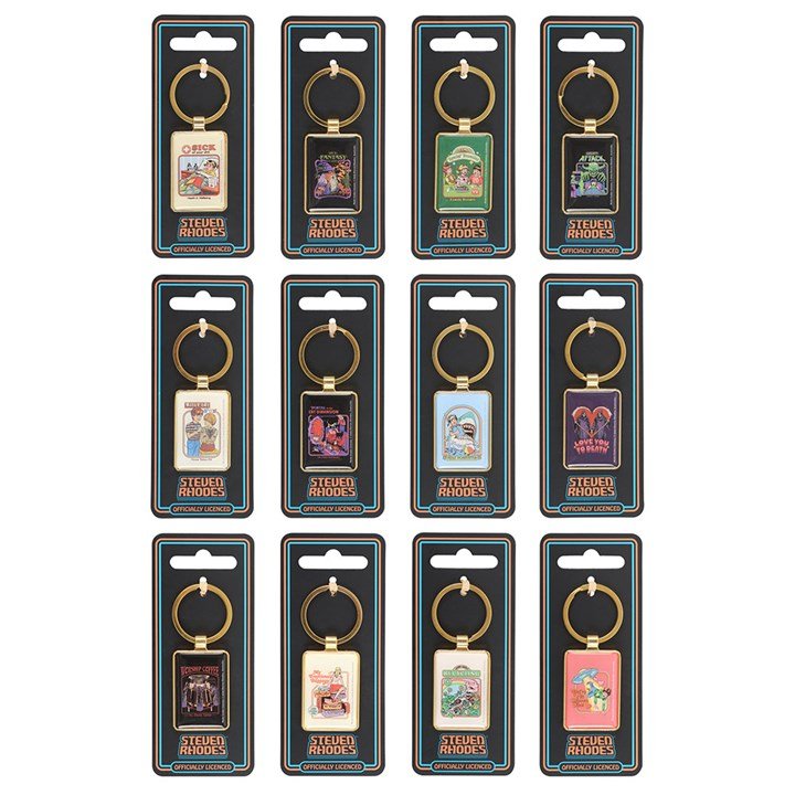 Set of 48 Enamel Keyrings by Steven Rhodes on Display | Inspired Creative Gifts | UK Supplier
