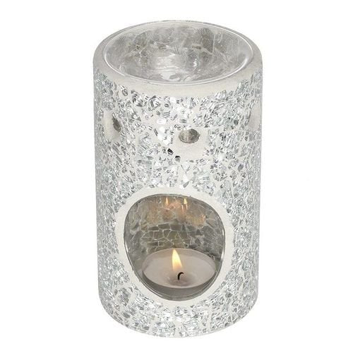 Silver Pillar Crackle Glass Oil Burner and Wax Warmer | Inspired Creative Gifts | UK Supplier