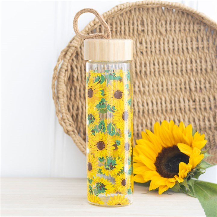 Sunflower Print Glass Water Bottle | Inspired Creative Gifts | UK Supplier