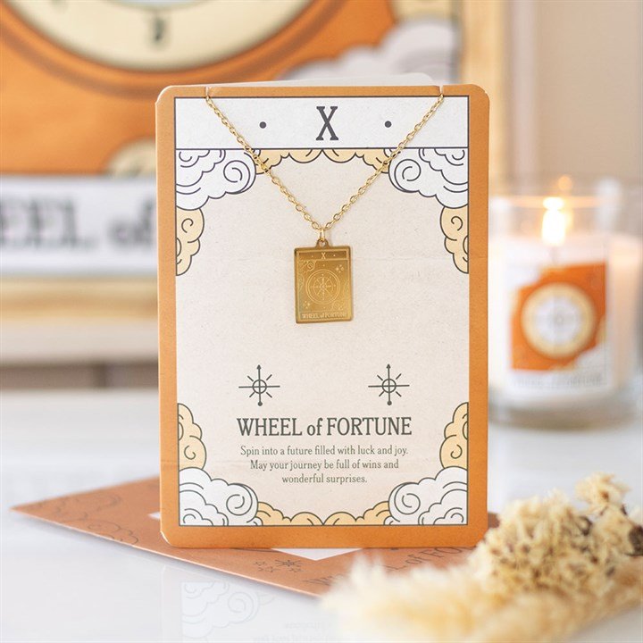 The Wheel of Fortune Vintage Tarot Necklace on Greeting Card | Inspired Creative Gifts | UK Supplier