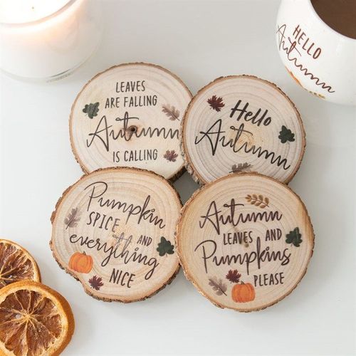 Hello Autumn Wood Slice Coaster Set - Tableware - Inspired Creative Gifts
