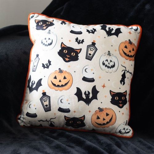 35cm Square Spooky Cat and Pumpkin Print Cushion - Inspired Creative Gifts