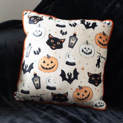 35cm Square Spooky Cat and Pumpkin Print Cushion - Inspired Creative Gifts