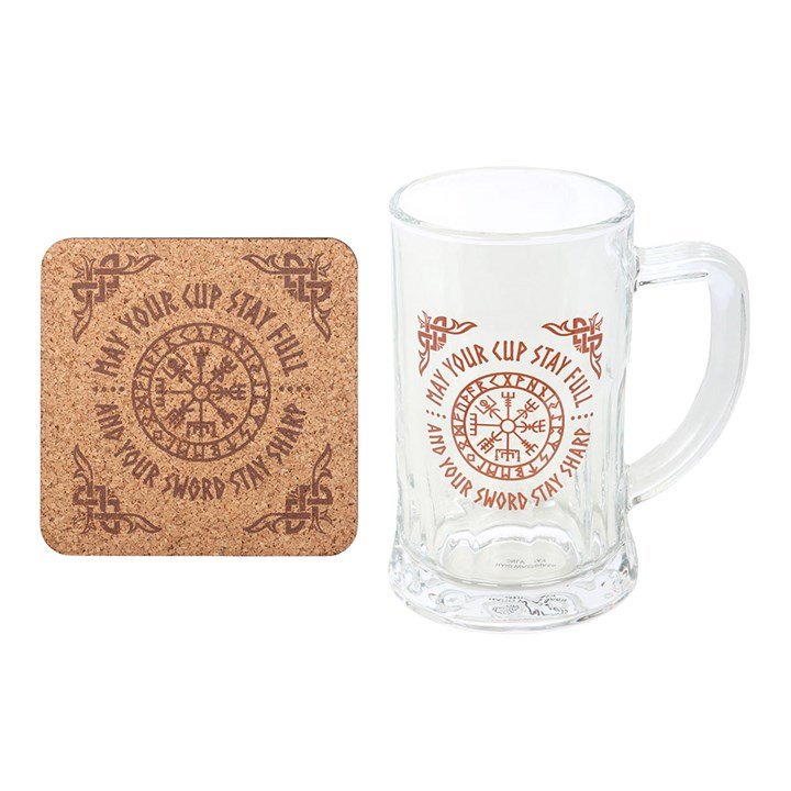 Viking Compass Glass Beer Tankard with Coaster | Inspired Creative Gifts | UK Supplier