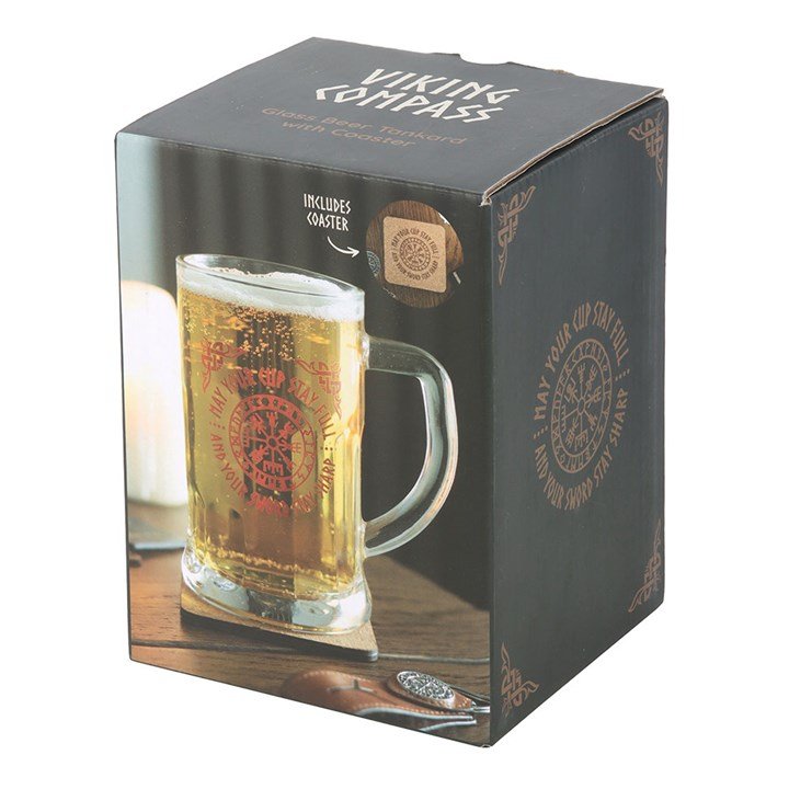 Viking Compass Glass Beer Tankard with Coaster | Inspired Creative Gifts | UK Supplier