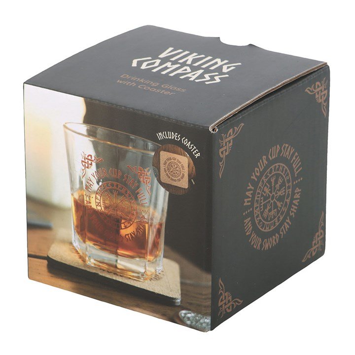 Viking Compass Lowball Drinking Glass with Coaster | Inspired Creative Gifts | UK Supplier