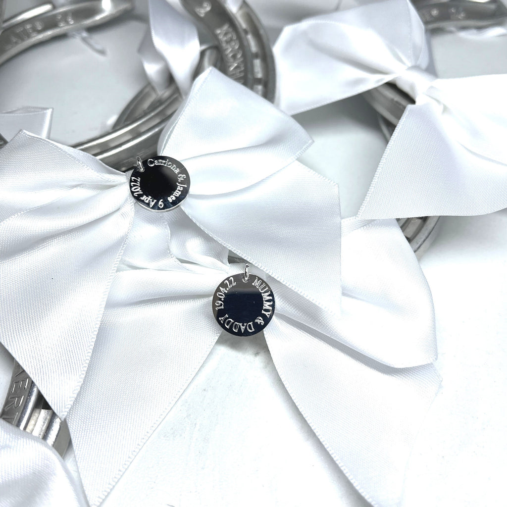 Personalised Wedding Horseshoe: Engraved Good Luck Charm, White Satin Ribbon