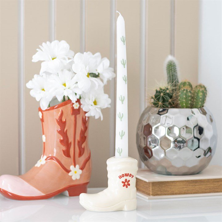 White Cowboy Boot Candle Holder with Taper Candle | Inspired Creative Gifts | UK Supplier