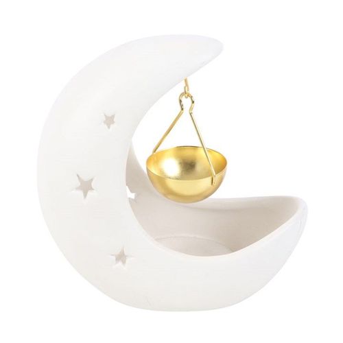 White Crescent Moon Hanging Oil Burner with Gold Dish | Inspired Creative Gifts | UK Supplier