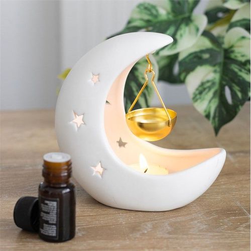 White Crescent Moon Hanging Oil Burner with Gold Dish | Inspired Creative Gifts | UK Supplier