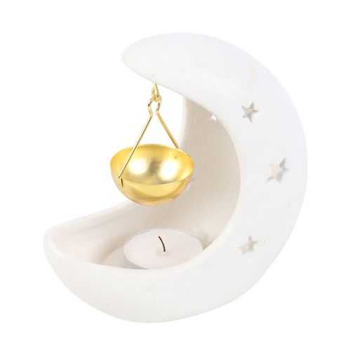 White Crescent Moon Hanging Oil Burner with Gold Dish | Inspired Creative Gifts | UK Supplier