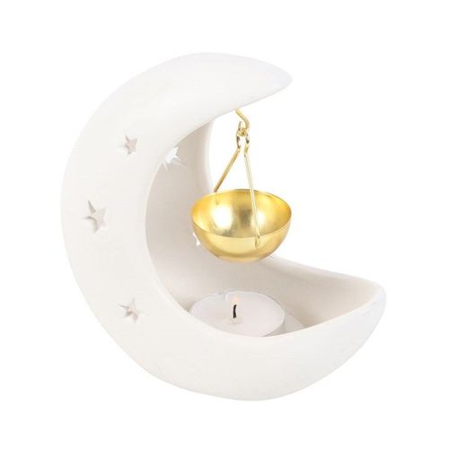 White Crescent Moon Hanging Oil Burner with Gold Dish | Inspired Creative Gifts | UK Supplier