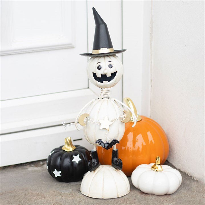 White Metal Pumpkin Man Ornament with Witch Hat | Inspired Creative Gifts | UK Supplier