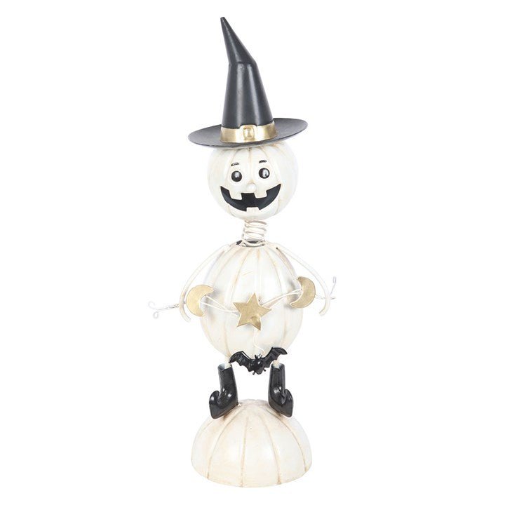 White Metal Pumpkin Man Ornament with Witch Hat | Inspired Creative Gifts | UK Supplier
