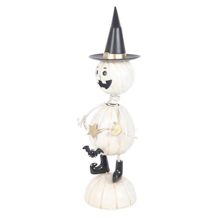 White Metal Pumpkin Man Ornament with Witch Hat | Inspired Creative Gifts | UK Supplier